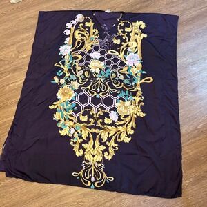 Gypsie Blu Caftan Casual House Dress Boho‎ Floral Print Lightweight One Size